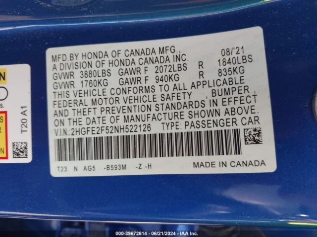 2HGFE2F52NH522126 Honda Civic Sport