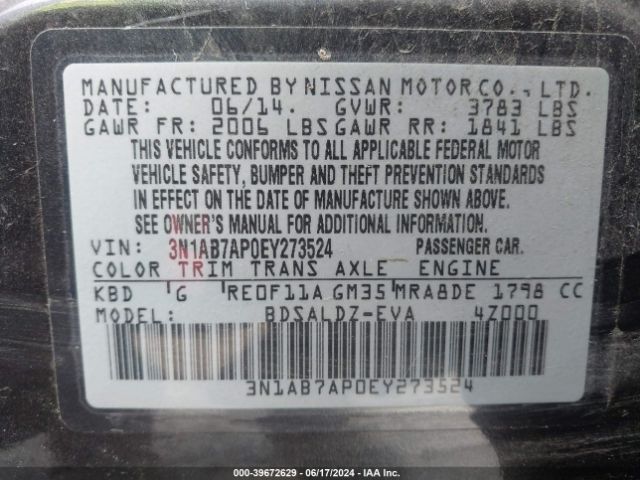 3N1AB7AP0EY273524 Nissan SENTRA SV