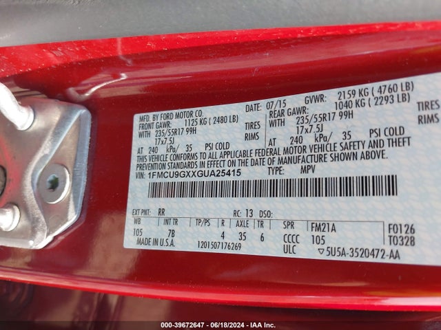 Ford ESCAPE SE 2016 1FMCU9GXXGUA25415 Image 9