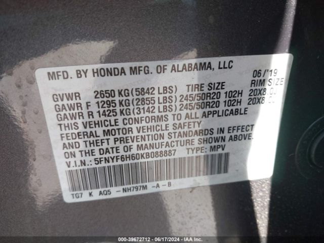 5FNYF6H60KB088887 Honda Pilot Touring