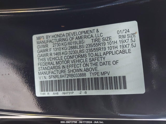 5FNRL6H72RB033888 Honda Odyssey Sport