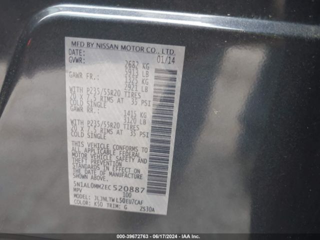 5N1AL0MM2EC520887 Infiniti QX60