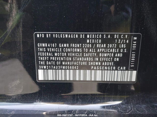 3VW217AU3FM056842 Volkswagen Golf Tsi S 4-door