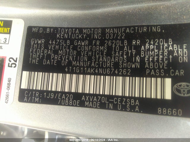 Toyota CAMRY SE 2022 4T1G11AK4NU674262 Image 9