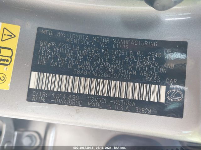 2016 LEXUS ES 350 58ABK1GG2GU007793 Photo 8