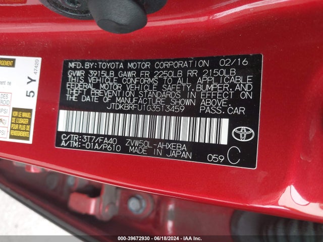 Toyota Prius Two 2016 JTDKBRFU1G3513459 Image 9