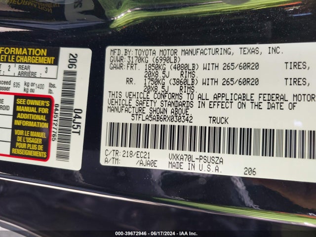 Toyota Tundra Sr5 2024 5TFLA5AB6RX030342 Image 9