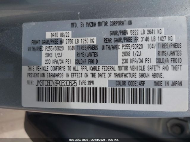 JM3TCBDY8P0630625 Mazda Cx-9 Grand Touring