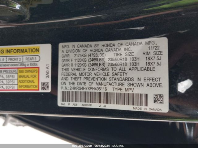 2HKRS4H7XPH406116 Honda Cr-v Ex-l Awd