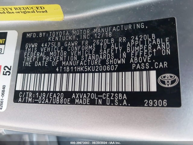 Toyota CAMRY SE 2019 4T1B11HK5KU200607 Image 9