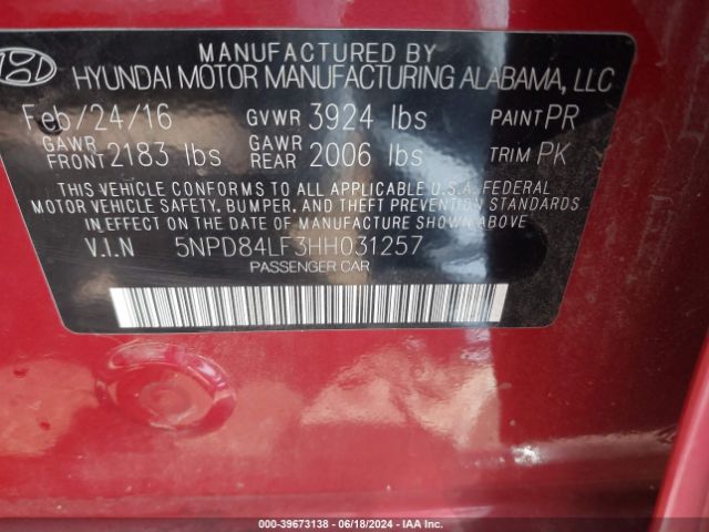 5NPD84LF3HH031257 Hyundai ELANTRA SE