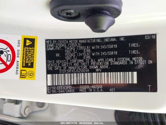 Toyota Highlander Limited 2018 5TDYZRFH3JS259249 Image 9