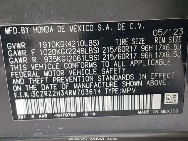 3CZRZ2H34RM703614 Honda Hr-v Awd Lx