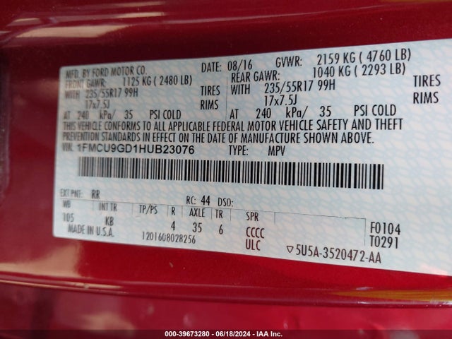 Ford ESCAPE SE 2017 1FMCU9GD1HUB23076 Image 9