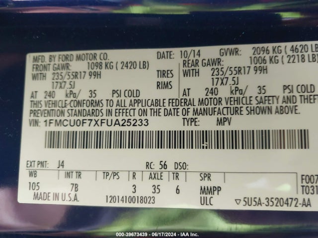 Ford ESCAPE S 2015 1FMCU0F7XFUA25233 Image 9