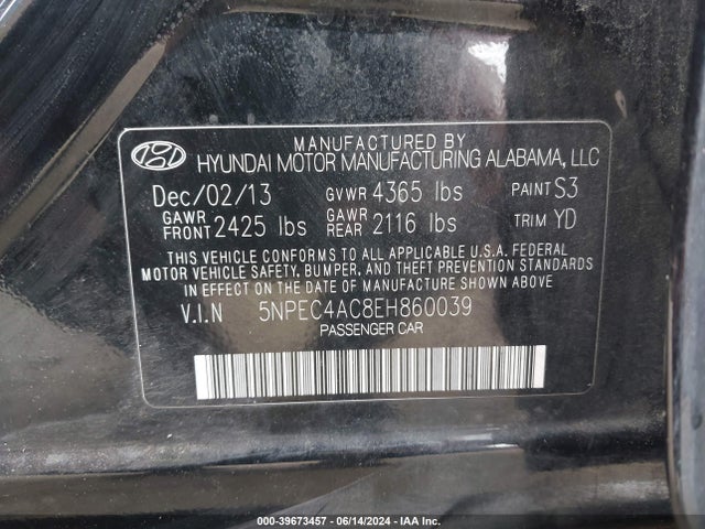 Hyundai Sonata Limited 2014 5NPEC4AC8EH860039 Image 9
