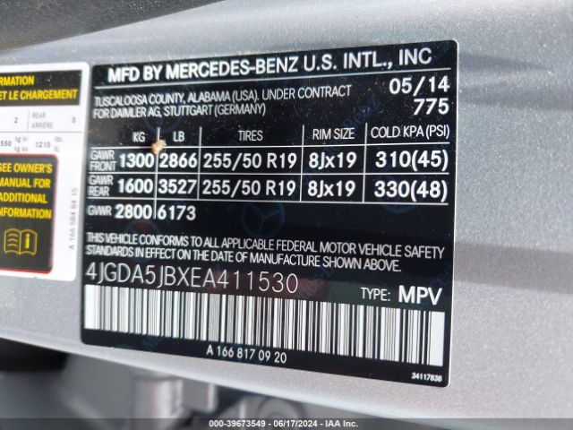 4JGDA5JBXEA411530 Mercedes-Benz ML 350