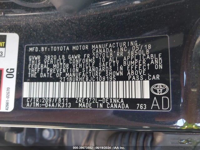 Toyota COROLLA LE 2018 2T1BURHE8JC108195 Image 9