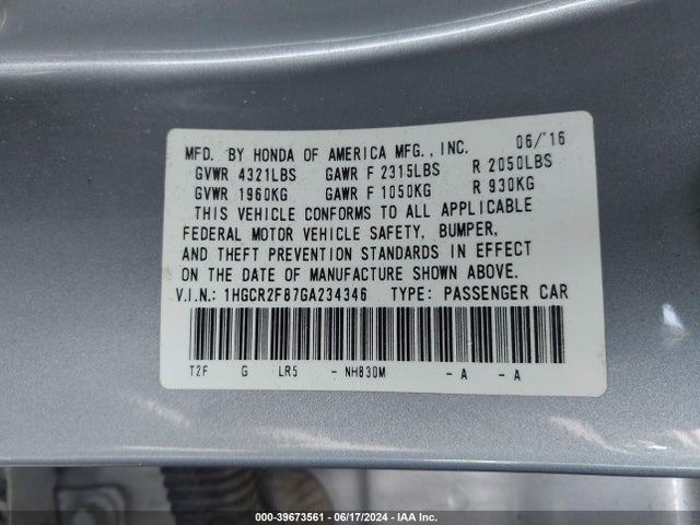 Honda Accord Ex-l 2016 1HGCR2F87GA234346 Image 9