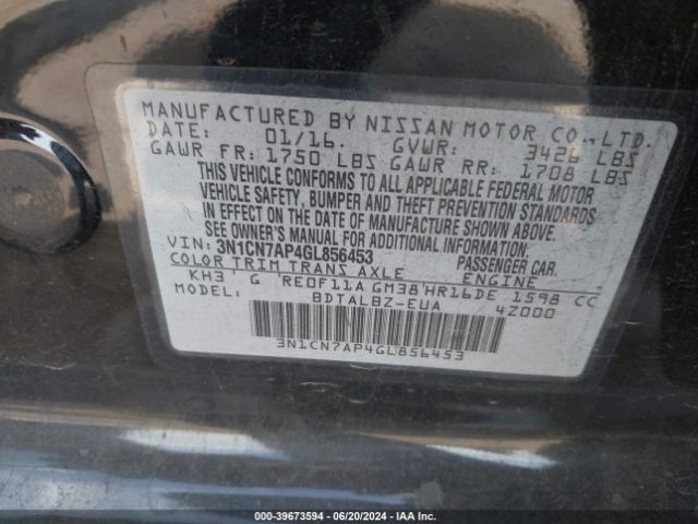 3N1CN7AP4GL856453 Nissan Versa 1.6 S/1.6 S+/1.6 Sl/1.6 Sv