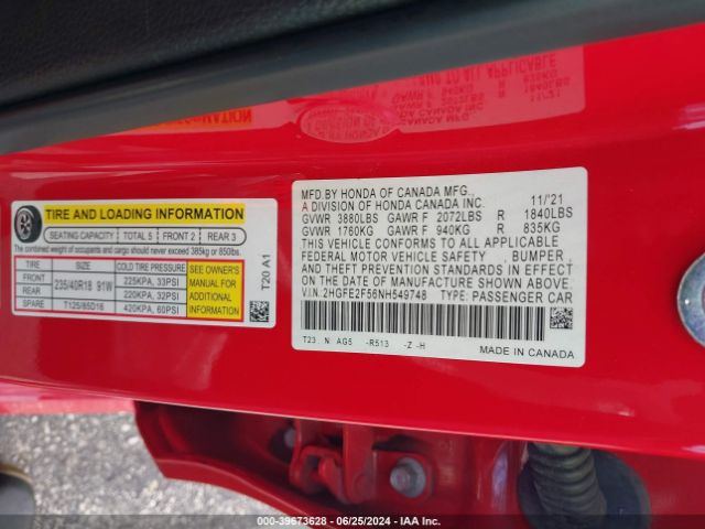 2HGFE2F56NH549748 Honda Civic Sport