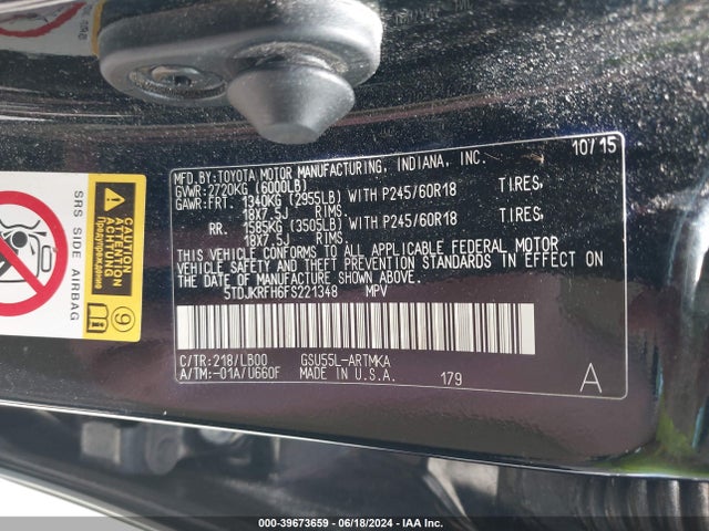Toyota Highlander Xle V6 2015 5TDJKRFH6FS221348 Image 9