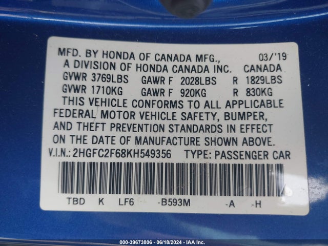 Honda Civic Lx 2019 2HGFC2F68KH549356 Image 9