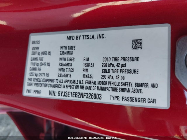2022 TESLA MODEL 3 5YJ3E1EB2NF326003 Photo 8