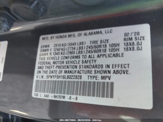 Honda Pilot 2wd Lx 2020 5FNYF5H16LB022828 Image 9
