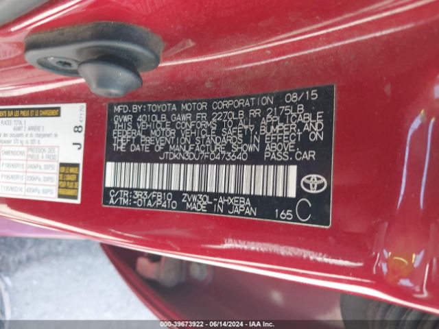 JTDKN3DU7F0473640 Toyota Prius Two