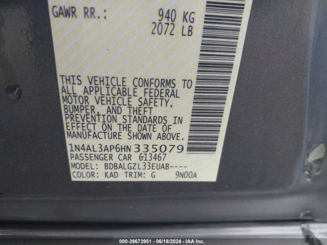 39673951 :رقم المزاد ، 1N4AL3AP6HN335079 vin ، 2017 Nissan Altima 2.5 S مزاد بيع