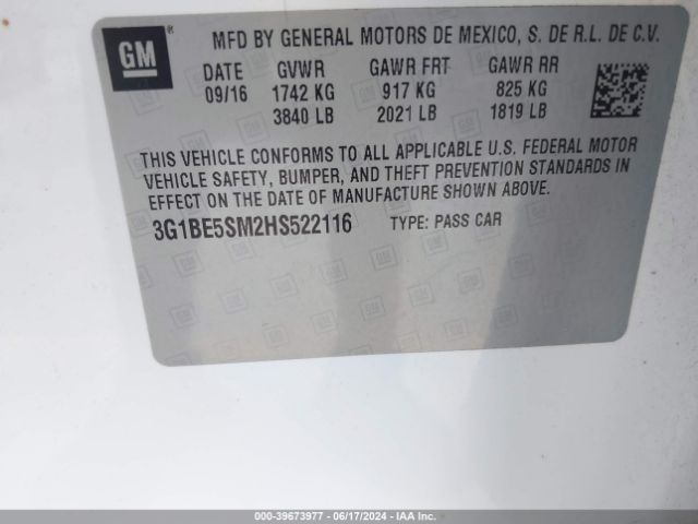 3G1BE5SM2HS522116 Chevrolet Cruze Lt Auto