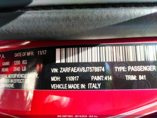 ZARFAEAV8J7578974 Alfa Romeo Giulia Quadrifoglio Rwd
