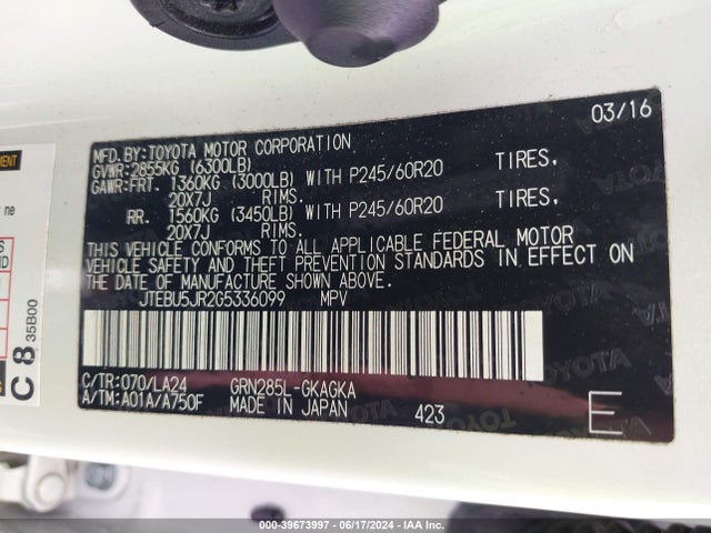 Toyota 4runner Limited 2016 JTEBU5JR2G5336099 Image 9
