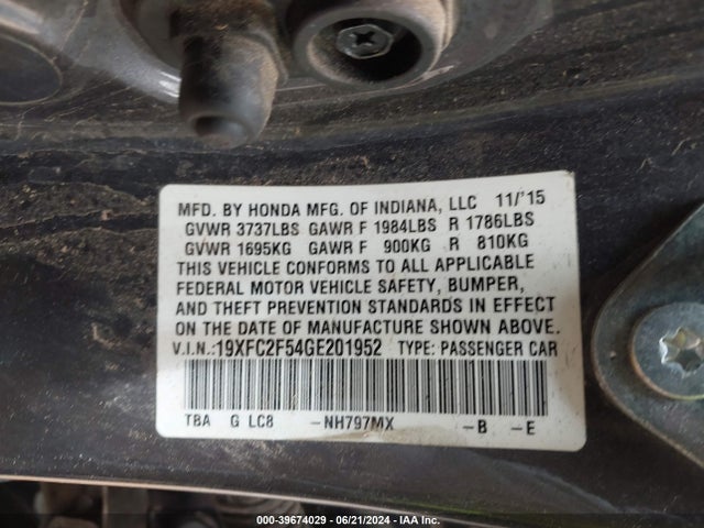 Honda Civic Lx 2016 19XFC2F54GE201952 Image 9