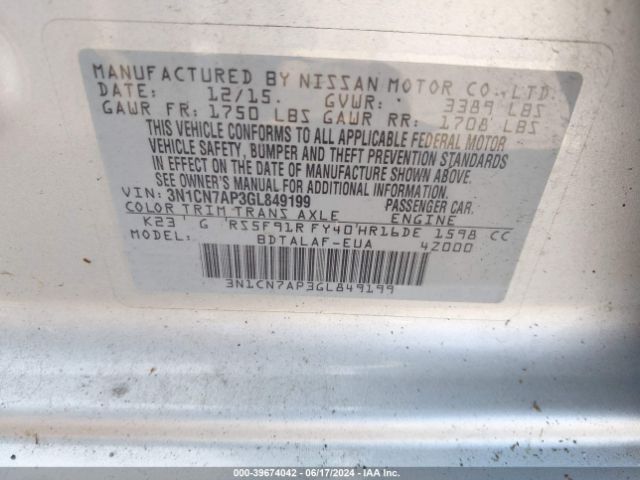 3N1CN7AP3GL849199 Nissan Versa 1.6 S