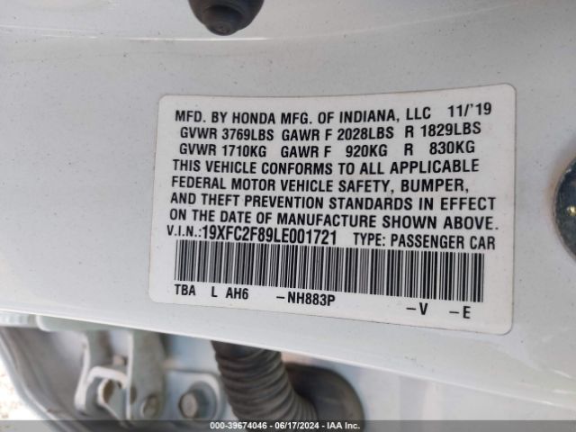 19XFC2F89LE001721 Honda Civic Sport