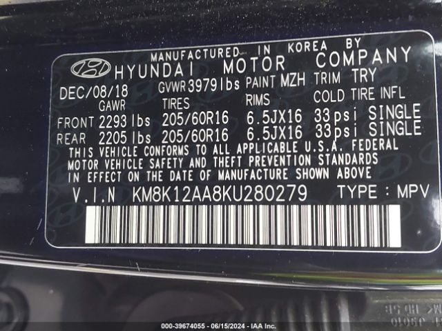 KM8K12AA8KU280279 Hyundai Kona Se