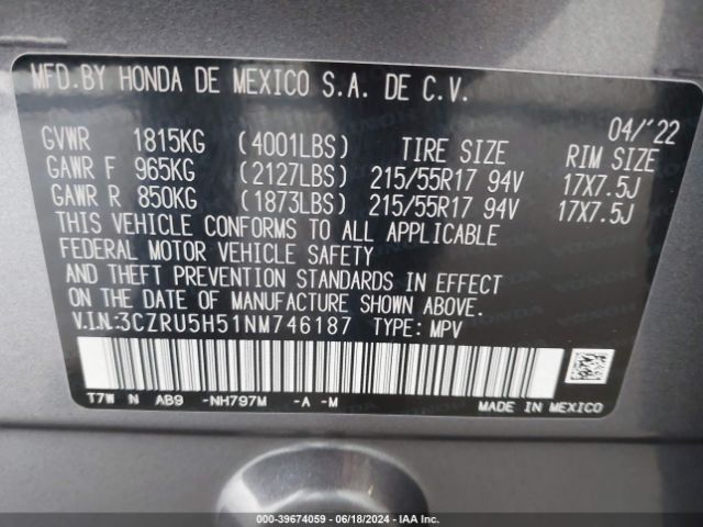 3CZRU5H51NM746187 Honda Hr-v 2wd Ex