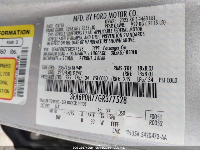 Ford FUSION SE 2016 3FA6P0H77GR377528 Image 9