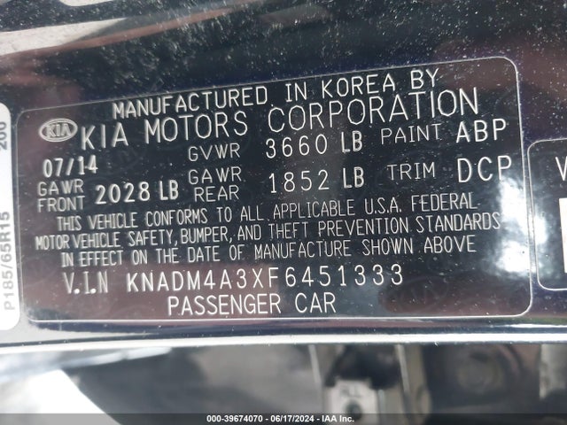 Aukcja sprzedaży 2015 Kia Rio Lx, vin: KNADM4A3XF6451333, numer aukcji: 39674070