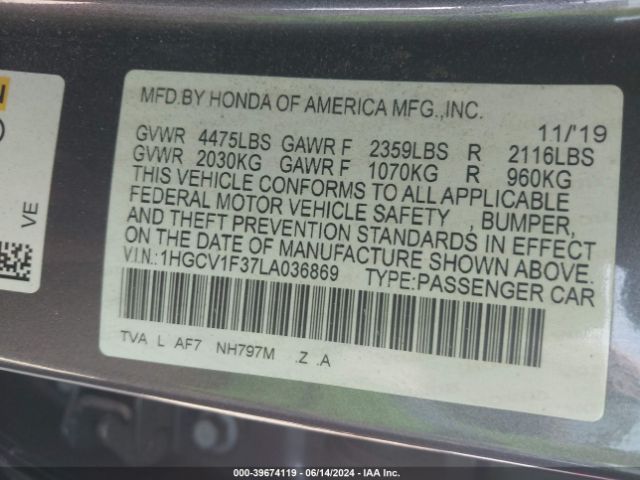 1HGCV1F37LA036869 Honda Accord Sport