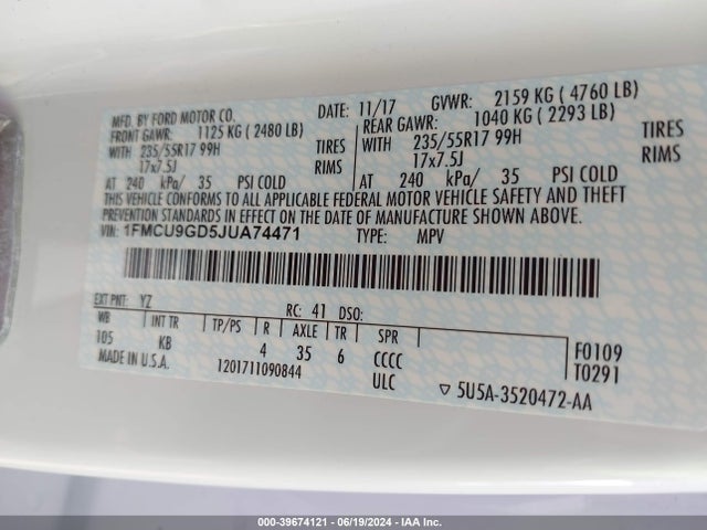 Ford ESCAPE SE 2018 1FMCU9GD5JUA74471 Image 9