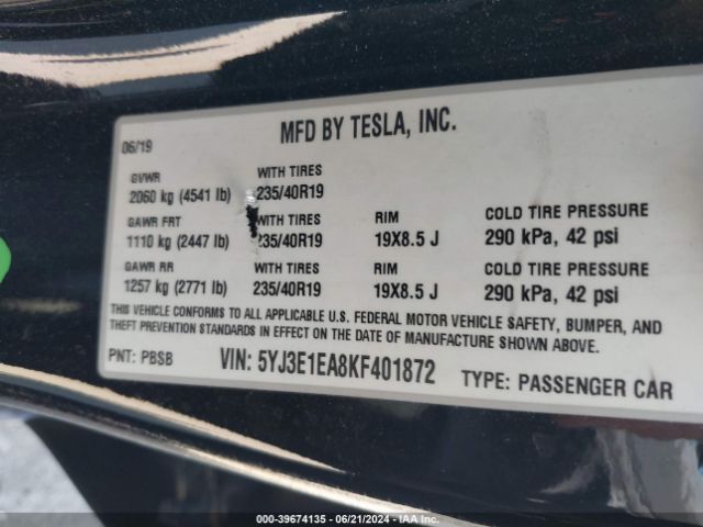 5YJ3E1EA8KF401872 Tesla Model 3 Long Range/mid Range/standard Range/standard Range Plus