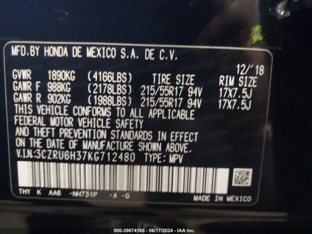 3CZRU6H37KG712480 Honda HR-V LX