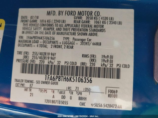 1FA6P8TH6K5106356 Ford Mustang Ecoboost