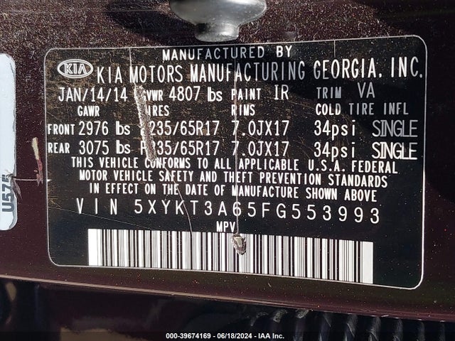 5XYKT3A65FG553993 KIA SORENTO LX