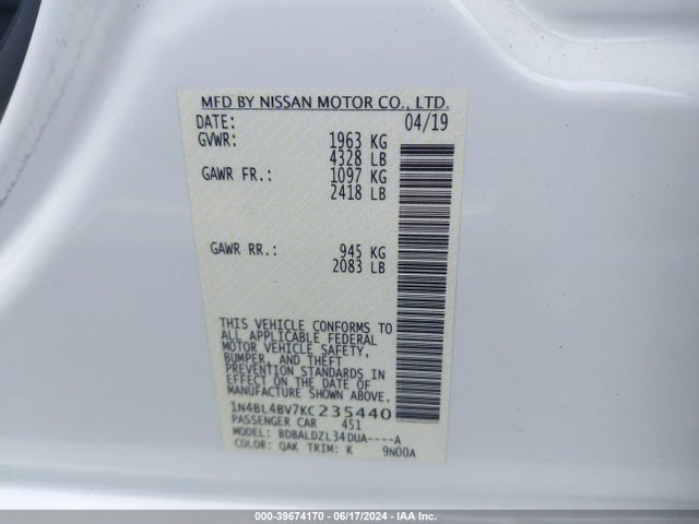 Nissan Altima 2.5 S 2019 1N4BL4BV7KC235440 Image 9