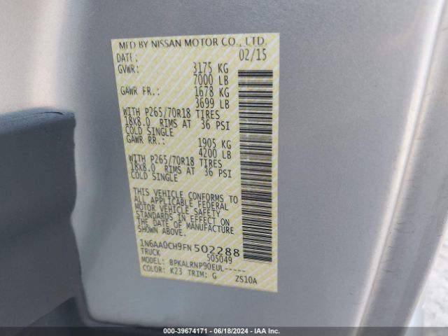 1N6AA0CH9FN502288 Nissan TITAN S