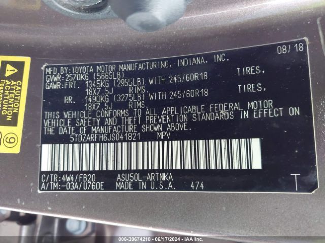 5TDZARFH6JS041821 Toyota Highlander Le
